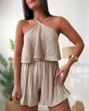 Halter Toothpick Pleated Ruffle Hem Elastic Waist Romper